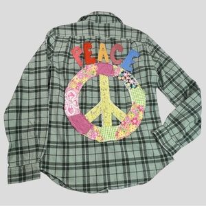 Upcycled Flannel Peace Womens Small Reworked Patchwork Green Plaid One of A Kind